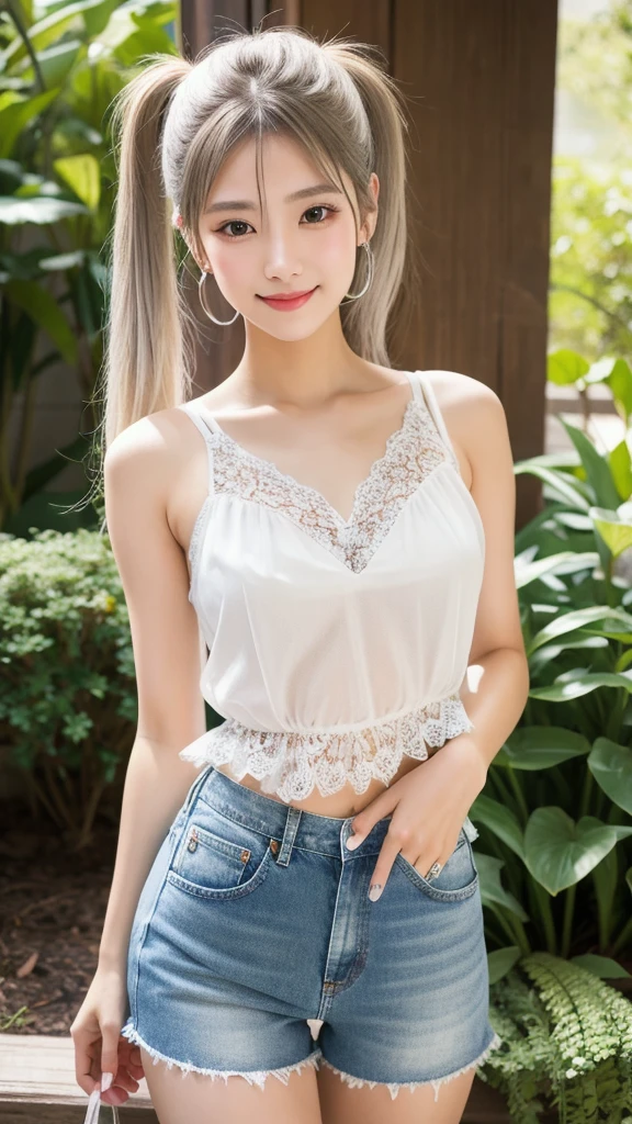 (8K, Realistic, RAW Photos, Highest quality: 1.4, detailed),Japanese idol-style beautiful girl,1 person,18-year-old,(Half Twin Tail),(Silver Hair :1.1),She has her hair tucked behind her ears,Large, clear grey eyes,Long eyelashes,(piercings(small)),(Lip gloss),lips(Plump,glossy),Translucent white and finely textured skin,thin long neck,Breast of beautiful shape,thin abdomen,Firm waist,Upward hips,Frill lace camisole(Sheer lace),Denim shorts,shoes,Looking at the camera and smiling gently,Front view,Full body portrait