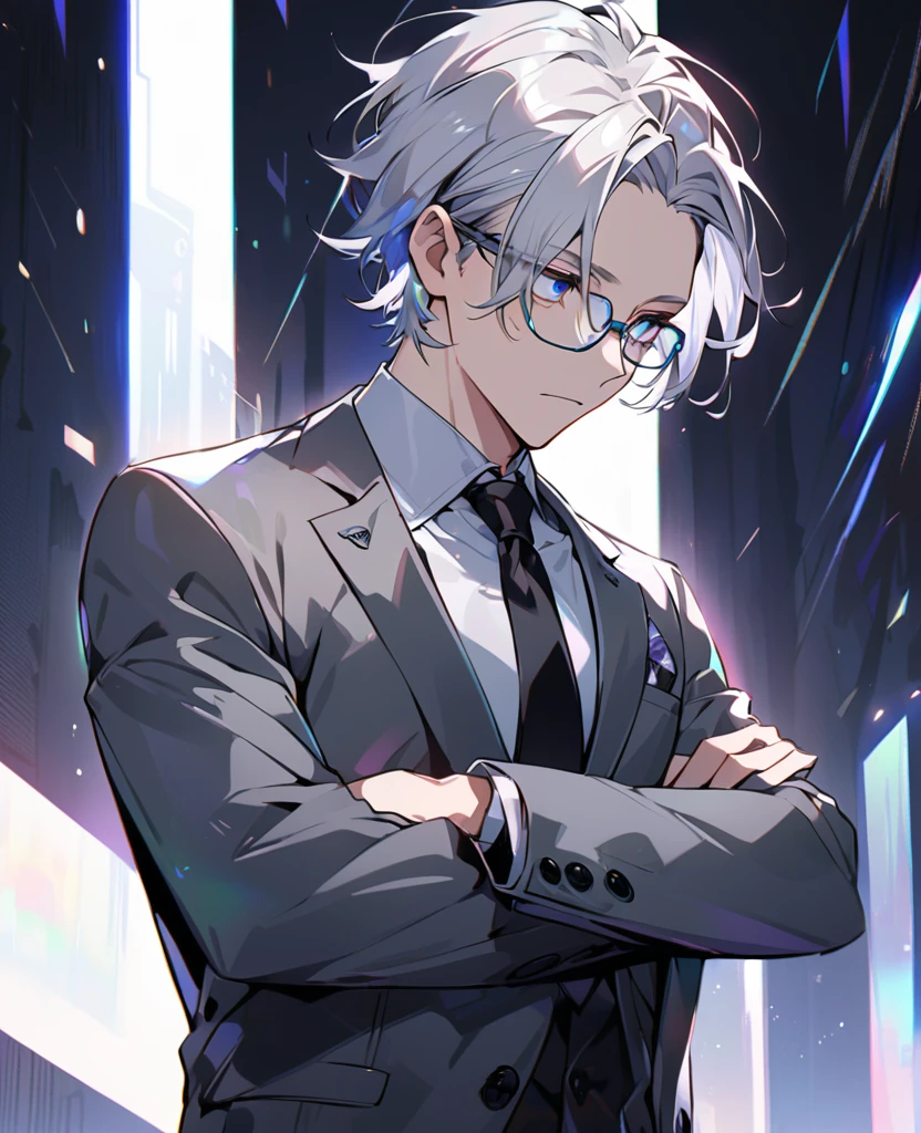 handsome, solo, 1 male, modern，Perfect face,  extra detailed eyes，iridescent light，(forehead two-block cut hair)，(silver hair)，(dark blue eyes)，glasses，(crossed arms)，expressionless，gray suit，necktie，from front，looking away，hair between eyes,