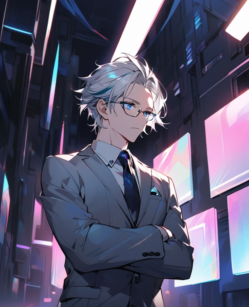 handsome, solo, 1 male, modern，Perfect face,  extra detailed eyes，iridescent light，(forehead two-block cut hair)，(silver hair)，(dark blue eyes)，glasses，(crossed arms)，expressionless，gray suit，necktie，from front，looking away，hair between eyes,