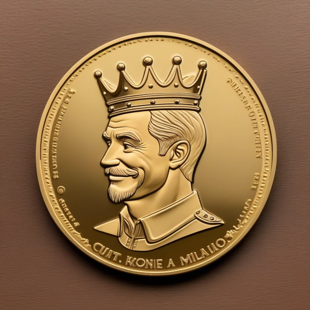 The character is a king, Disney Pixar inspired on coin, He wears a crown, smiling, next to it is an image of the king in profile, king full face, image of the king on the coin in profile
