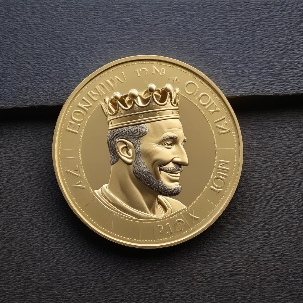 The character is a king, Disney Pixar inspired on coin, He wears a crown, smiling, next to it is an image of the king in profile, king full face, image of the king on the coin in profile