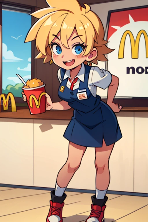 1 girl working at McDonalds, tanyadegurechaff, Blue eyes, (blond hair), (spiky hair), standing, looking at the viewer, straight, crazy eyes, Crazy smile, McDonalds black uniform, McDonald&#39;s hat&#39, headphones, (Alone:1.1),