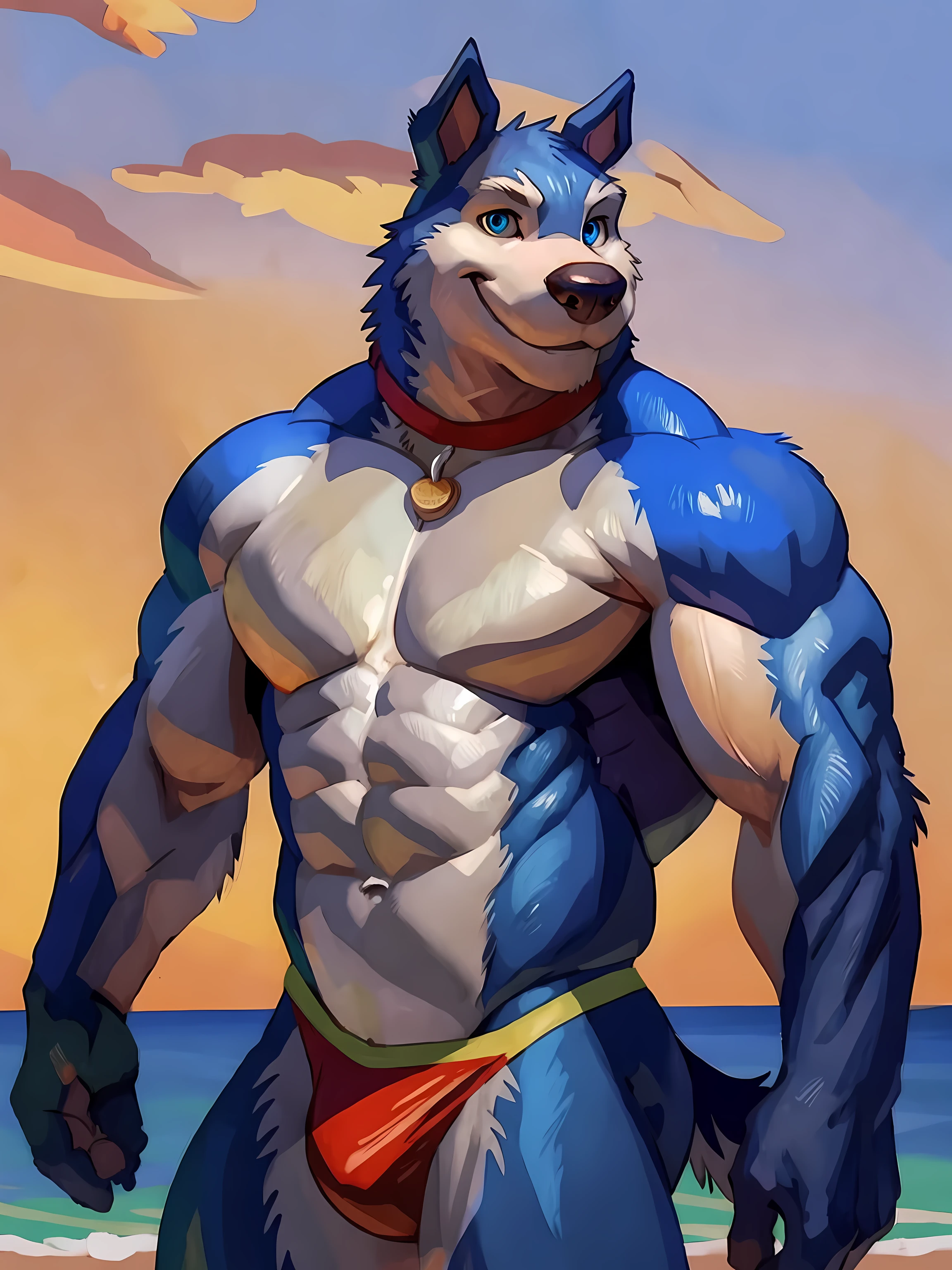 Exile (Road Rovers), blue fur, white fur, anthro, pointy ears, dog, solo, half body, very muscular, pectorals, lats, muscular arms, red dog collar, pet tag coin, smile, high quality, best resolution, (blue eyes, detailed eyes):1.1, shirtless, bare chest, beach background, sunset, looking at camera, by negger, by taran fiddler, by alpha0, bonifasko lighting, correct anatomy, correct proportions, speedos, realistic, detailed fur, correct lighting, photorealistic fur,
