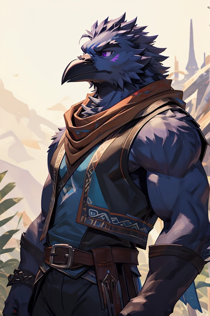 A Male Muscular Anthropomorphic Crow From Legend of Zelda Breath of The Wild Has A Calm, But Serious Face Expression And Has Black Feathers, Purple Eyes On His Arms While He Was Wearing A Jacket Vest With A White Tank-Top Underneath, Blue Champion Scarf, A Pair of Black Jeans