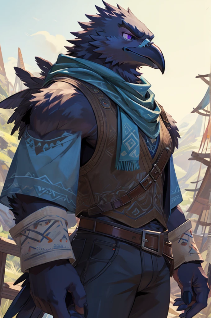 A Male Muscular Anthropomorphic Crow From Legend of Zelda Breath of The Wild Has A Calm, But Serious Face Expression And Has Black Feathers, Purple Eyes On His Arms While He Was Wearing A Jacket Vest With A White Tank-Top Underneath, Blue Champion Scarf, A Pair of Black Jeans