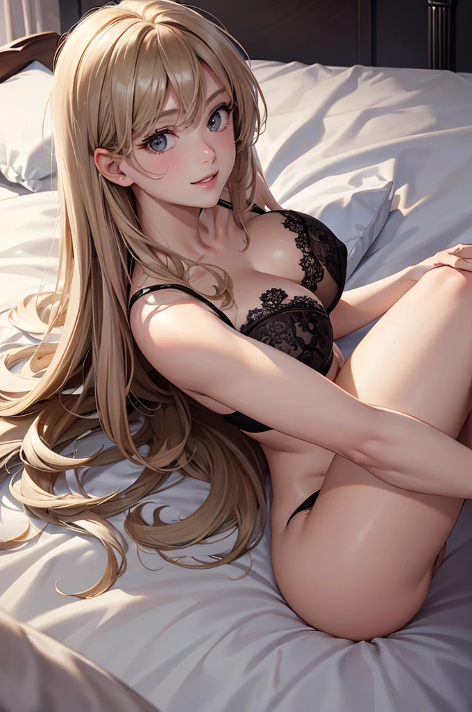 (Best Quality,High resolution,8K,finelity detailed background,Masterpiece:1.2),beautiful girl,Shiny khaki hair,messy hair,khaki eyes,Gentle look,A refreshing look,Best quality,Best Quality,Aesthetic and aesthetic:1.2,Best details((Super detailed))(High-definition CG illustrations),Black underwear (black,intricate lace),bodystocking,Slender body,Late Night,Moonlit Night,Bedroom,On the bed,smile,blush,cute,Scrounge,Looking up,Being spoiled,super model,on back,shoot from below