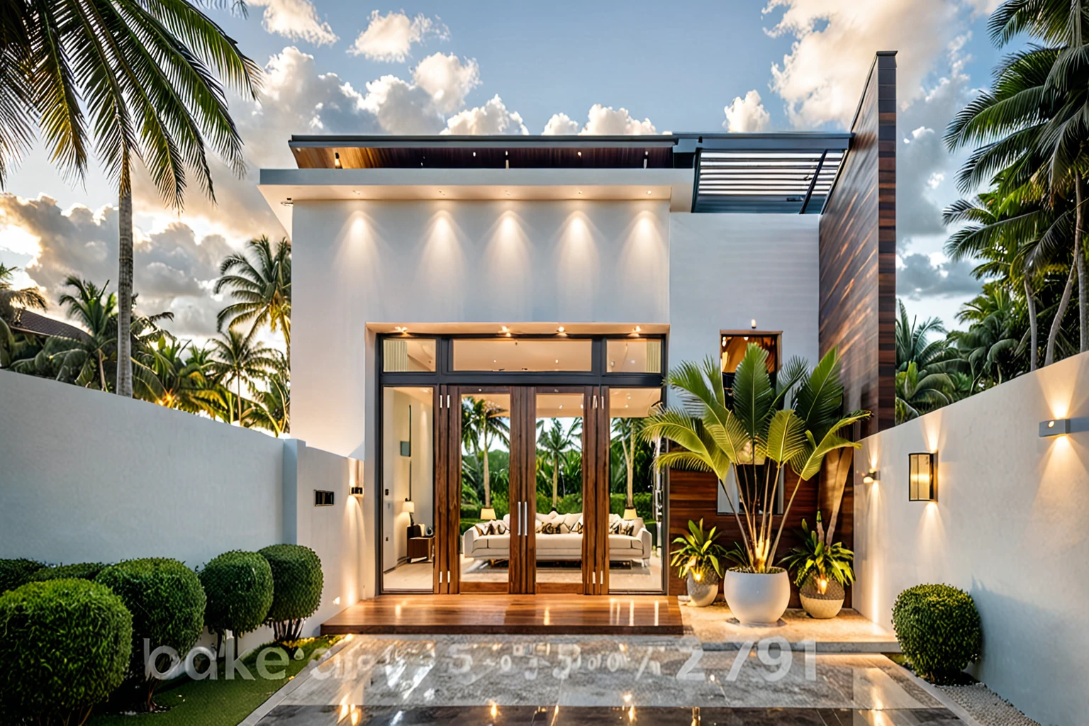 exterior house, contemporary style, white wall, wood wall, steel door, glass window, (realistic:1.2), Masterpiece, high quality, best quality, authentic, super detail, outdoors,road, trees, sky, cloud, (daylight:1.1), modern luxury villa, coconut trees, landscape, along the white beach, clear sky, day time, warm lighting RAW Photo, RAW texture, Super Realistic, 32K UHD, DSLR, soft lighting, high quality, film rating, Fujifilm XT3,Modern, Residential Architecture,  car in front of house