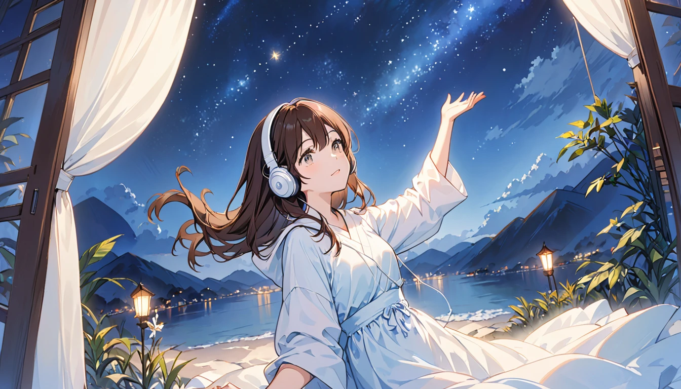 Girl wearing headphones,Reaching out towards the starry sky,Brown Hair,One girl,relax,The background is night,