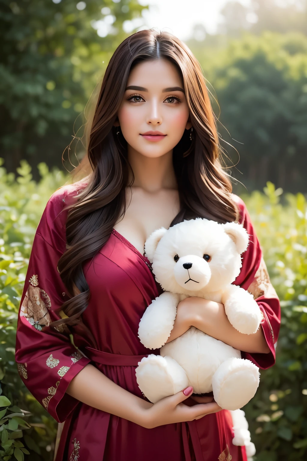 (Beautiful Woman with dark hair) holding a small (tiny cute and adorable white plush fluffy chibi-style teddy bear with large black eyes), in the style of Harrison Fisher and Brian Froud and Jeremy Mann, smile, Whimsical, vibrant colors, gloss, sweetness, surreal, thick brush strokes, layered textures, mythical, magical