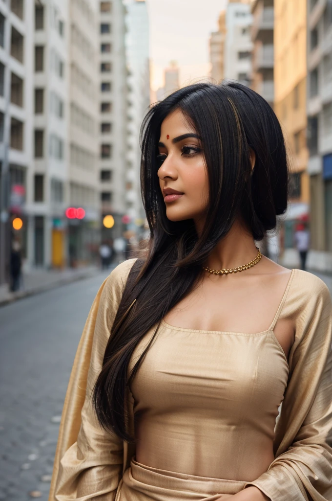 (((Desi Girl))), Slim face, Natural Skin, Wearing a hot deep necktop and dupatta, Attractive black hair, ((The ends of the hair are blonde)), city street background, Bokeh nude
