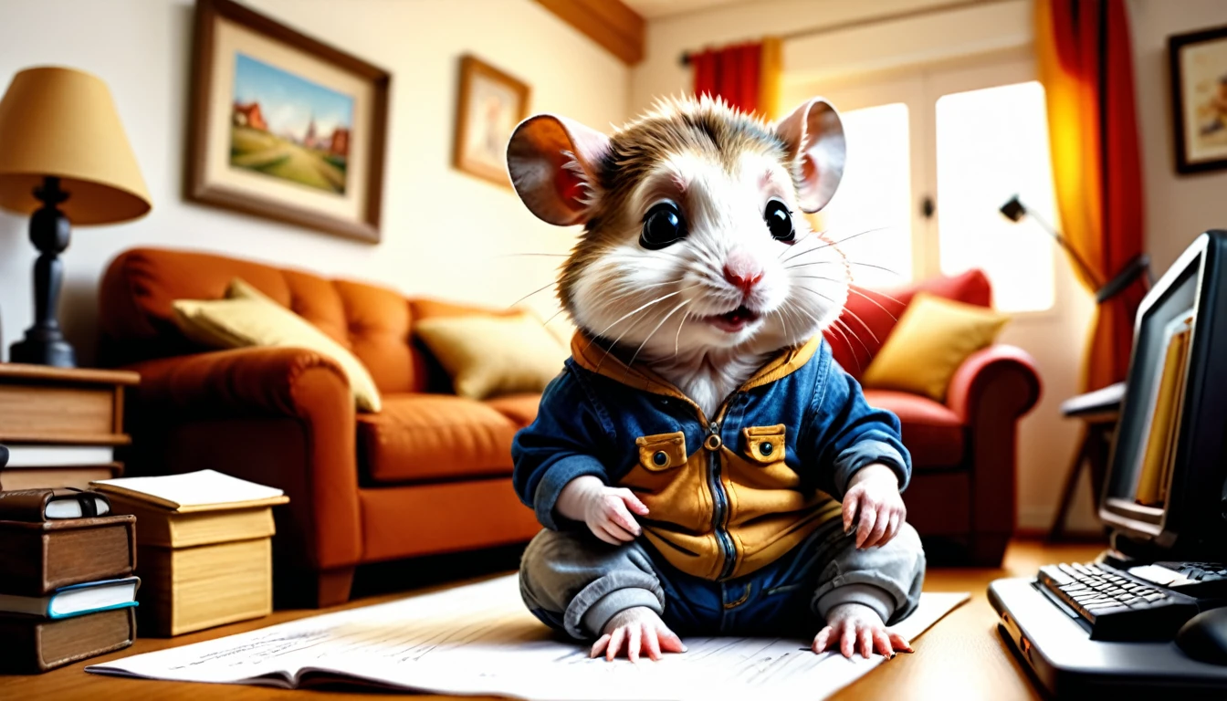(photo film style), anthropomorphic, cute baby hamster, casual clothes, living room at home, (((studying))), 2D, colorful, warm atmosphere, glossy, Jean-Baptiste Monge style, Alan Lee style