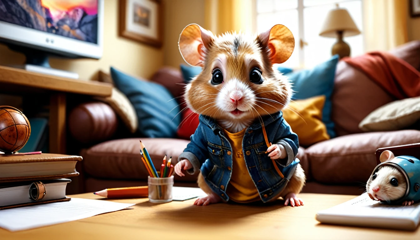 (photo film style), anthropomorphic, cute baby hamster, casual clothes, living room at home, (((studying))), 2D, colorful, warm atmosphere, glossy, Jean-Baptiste Monge style, Alan Lee style