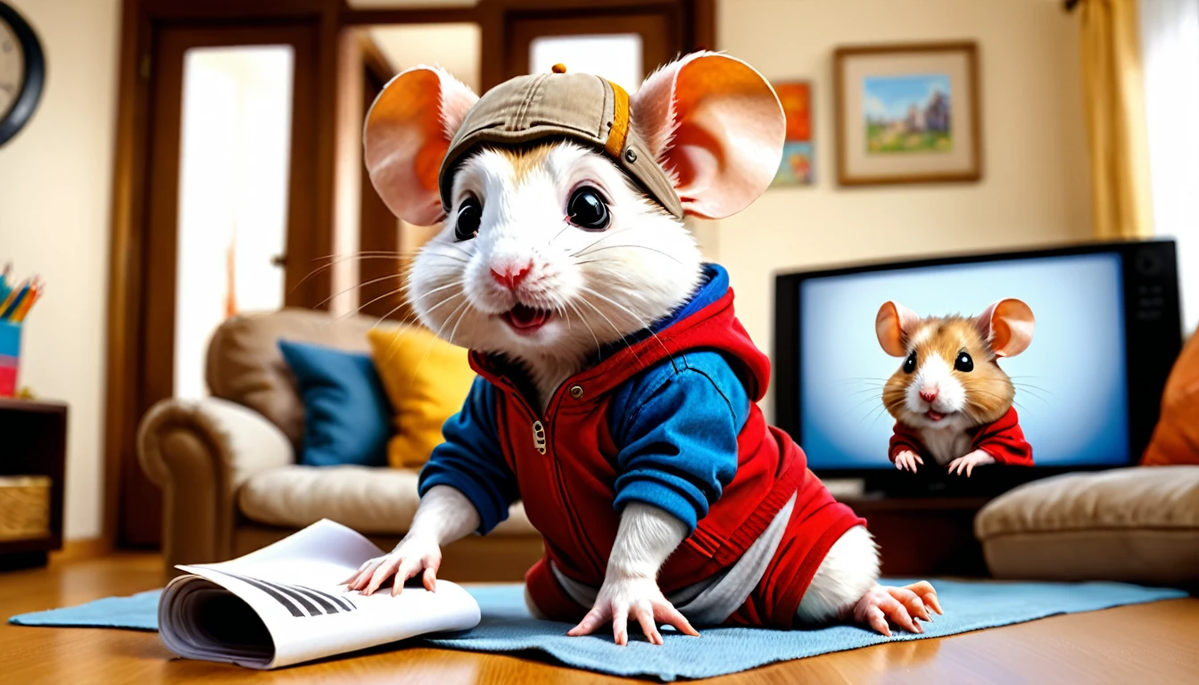 (photo film style), anthropomorphic, cute baby hamster, casual clothes, living room at home, (((studying))), 2D, colorful, warm atmosphere, glossy, Jean-Baptiste Monge style, Alan Lee style