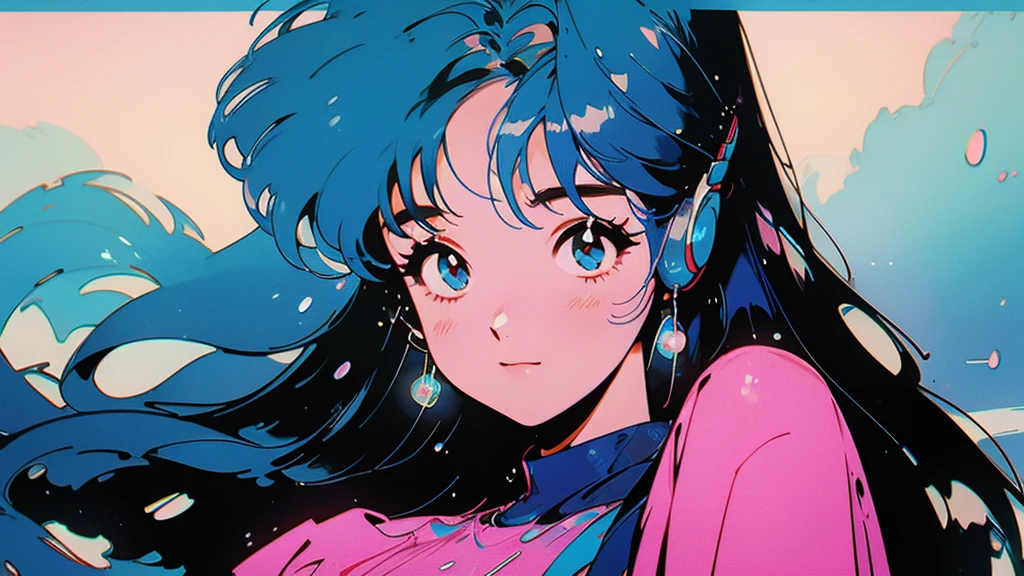 Beautiful flowers are blooming、Cool woman、Look straight into the camera、The blue sky is spreading、Wearing headphones、Long Hair、Blue hair color、youth、Ultra delicate、A little smile、water droplets、Transform、Sparkling、Stay away from the camera