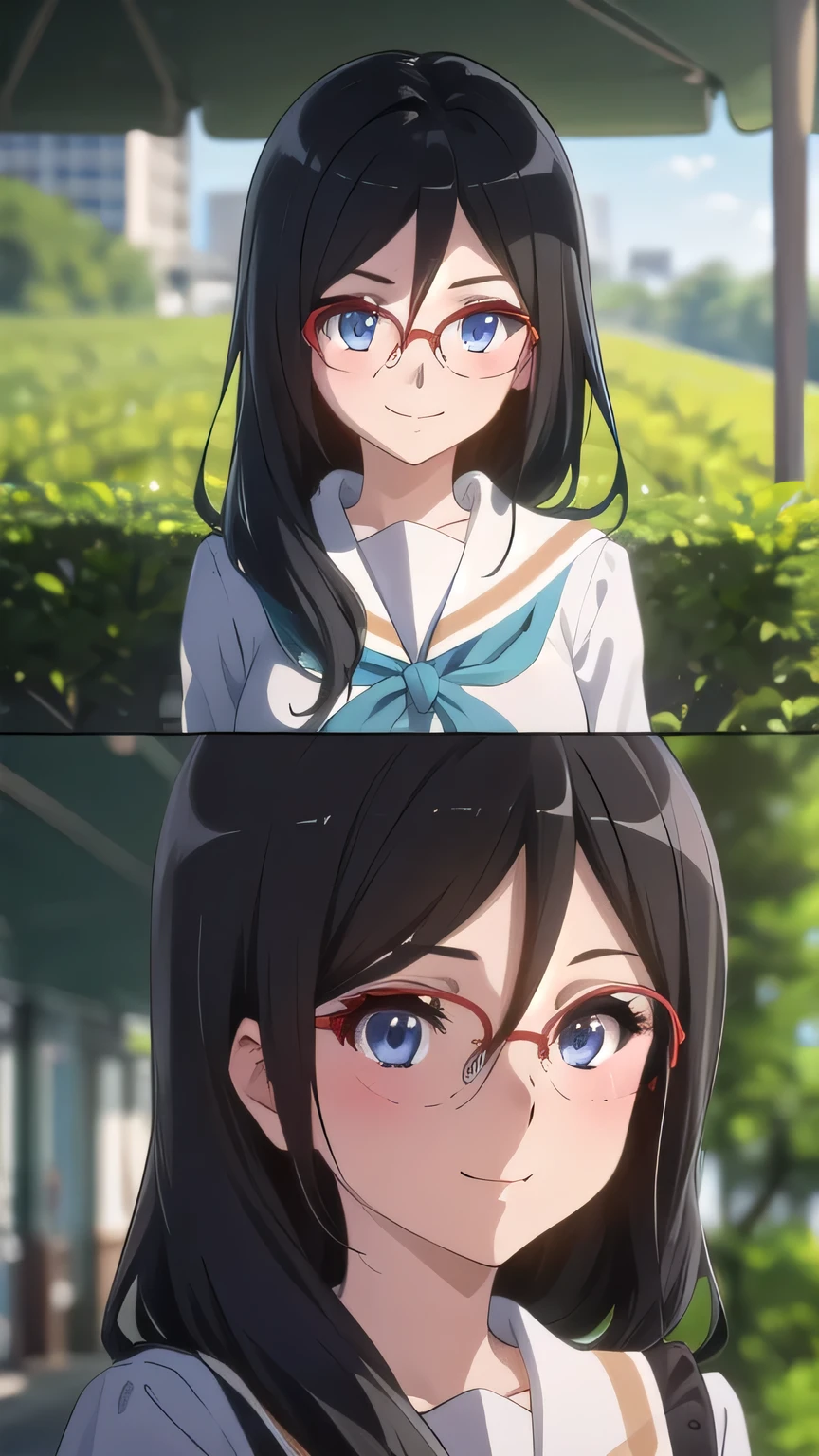 คุณภาพดีatสุด, Masterpiece, high res, alone, {Thanaka_Asuka_euphonium sound:1.15} (park:1.13), , black_hair, long_hair, glasses, light blue_eyes, Blush, red frame_glasses, Seraph, beyond the edge_glasses, semi borderless_glasses, hair_between_eyes, 1 girl, (School uniform_brown:1.12), look_at_viewer, รอยยิ้ม เดินในpark, 