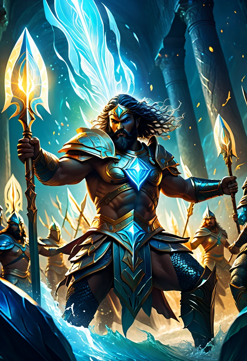 a medium quality detailed illustration of Atlantean warriors, Hedra, emerging as a luminary, fantasy, mythical creatures, epic battle scene, glowing elements, majestic, powerful, warrior culture, mystical, dramatic lighting, cosmic energy, digital painting, cinematic, high detail, dynamic composition, vibrant colors, action-packed, 4k resolution