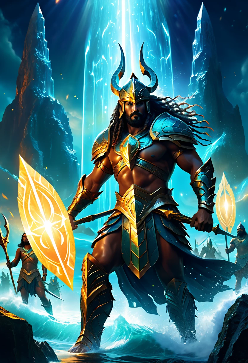 a medium quality detailed illustration of Atlantean warriors, Hedra, emerging as a luminary, fantasy, mythical creatures, epic battle scene, glowing elements, majestic, powerful, warrior culture, mystical, dramatic lighting, cosmic energy, digital painting, cinematic, high detail, dynamic composition, vibrant colors, action-packed, 4k resolution