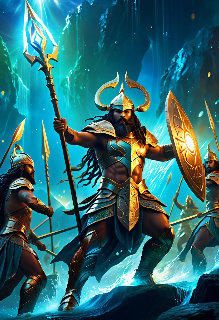 a medium quality detailed illustration of Atlantean warriors, Hedra, emerging as a luminary, fantasy, mythical creatures, epic battle scene, glowing elements, majestic, powerful, warrior culture, mystical, dramatic lighting, cosmic energy, digital painting, cinematic, high detail, dynamic composition, vibrant colors, action-packed, 4k resolution