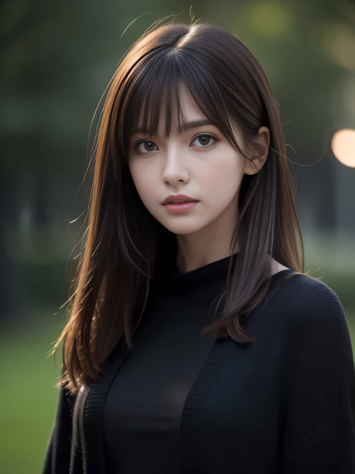 (Raw photo, Best Quality), (Realistic, Photorealsitic:1.4), masterpiece, extremely delicate and beautiful, Extremely detailed, 8k wallpaper, amazing, finely detail, extremely detailed CG Unity, hight resolution, (Dark park at midnight), (Dark background), Sophisticated girl, black knit, loose clothes, hair messy, bangs, brown hair, modern, stylish,