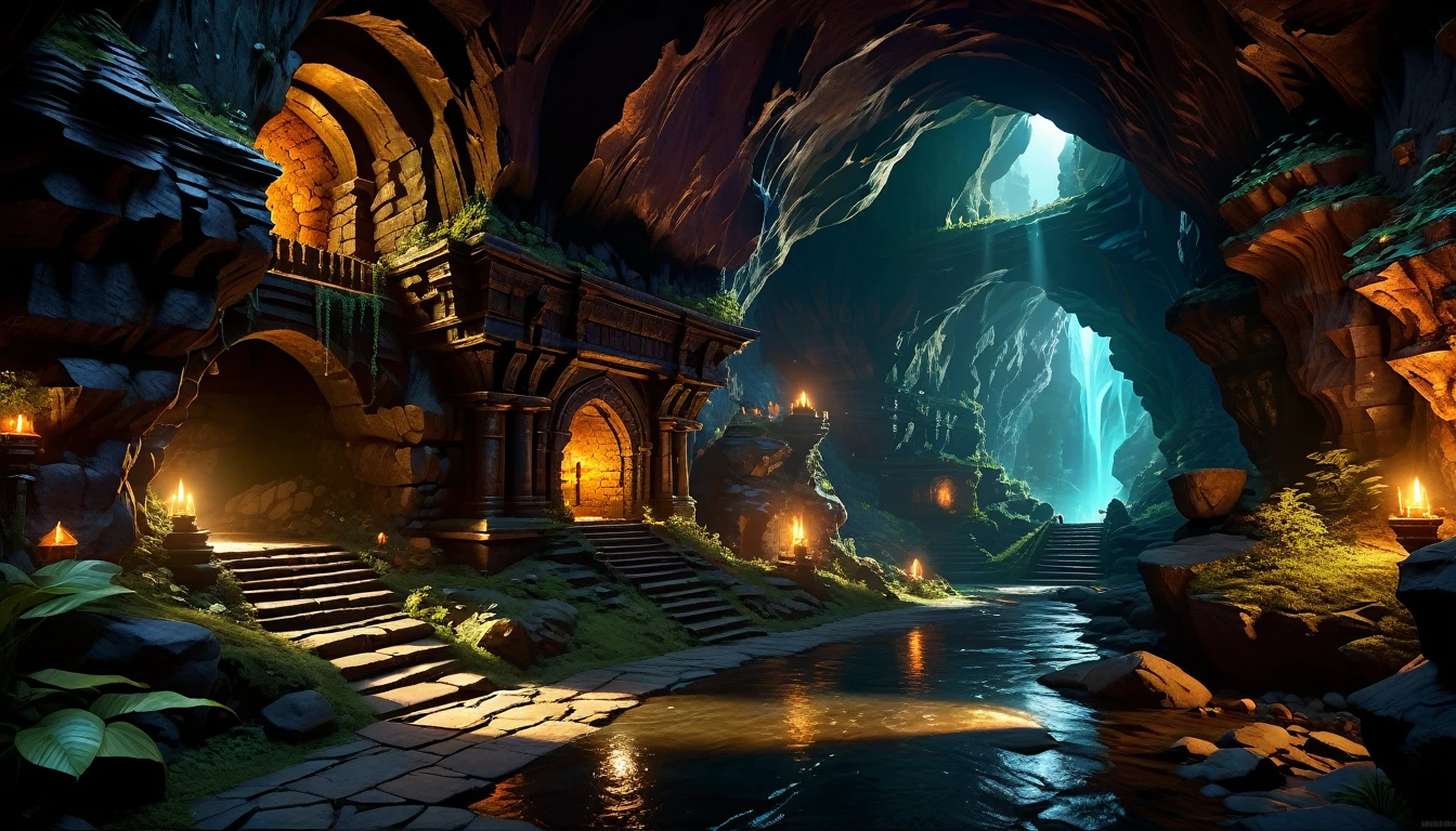 (by Greg Rutkowski: 1.2, dark fantasy), (extremely detailed CG unity 8k wallpaper, masterpiece, best quality, ultra-detailed, HDR:1.2), ((goblin cave, cave tunnel, cave interior, isolated tunnel, dark tunnel: 1.5, from final dungeon and dragons)), dark interior: 1.5, dark colors, dark atmosphere, extremely detailed, intricate, delicate, serene fantasy, dimed lighting, 8k, high quality