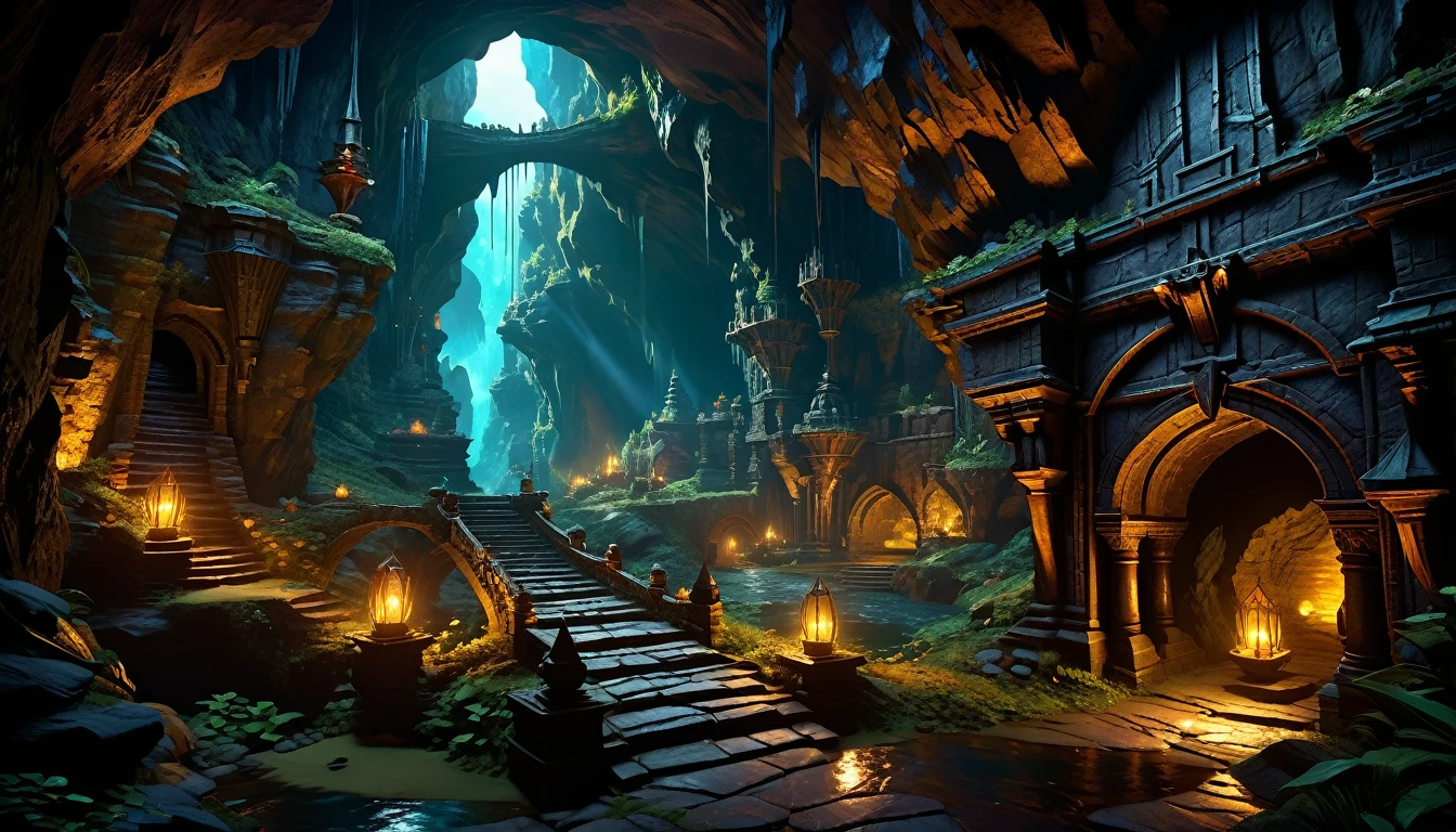 (by Greg Rutkowski: 1.2, dark fantasy), (extremely detailed CG unity 8k wallpaper, masterpiece, best quality, ultra-detailed, HDR:1.2), ((goblin cave, cave tunnel, cave interior, isolated tunnel, dark tunnel: 1.5, from final dungeon and dragons)), dark interior: 1.5, dark colors, dark atmosphere, extremely detailed, intricate, delicate, serene fantasy, dimed lighting, 8k, high quality