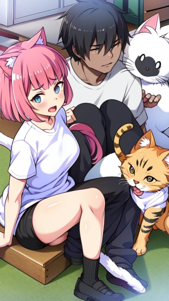 The cat-eared animal girl wears a white shirt and black pants