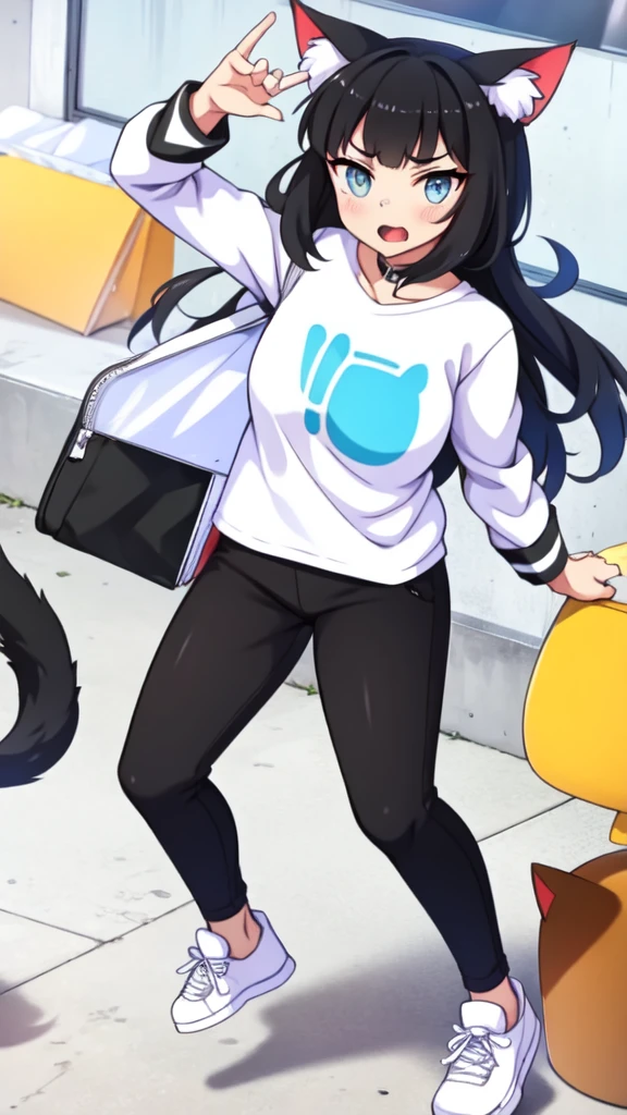 The cat-eared animal girl wears a white shirt and black pants 