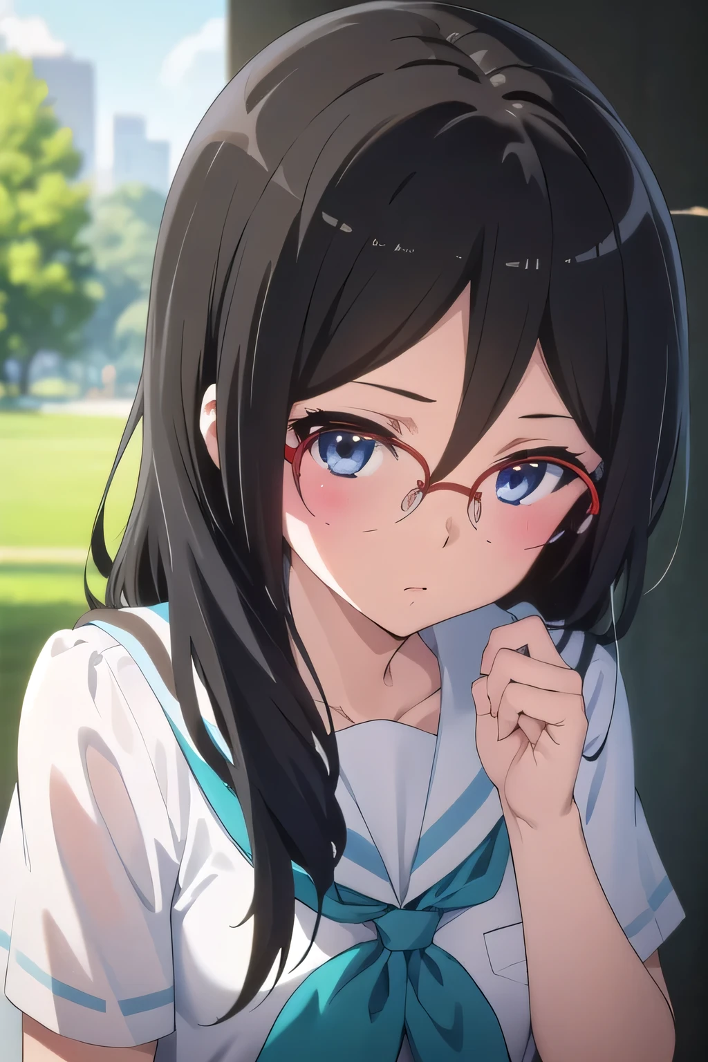 คุณภาพดีatสุด, Masterpiece, high res, alone, {Thanaka_Asuka_euphonium sound:1.15} (park:1.13), , black_hair, long_hair, glasses, light blue_eyes, Blush, red frame_glasses, Seraph, beyond the edge_glasses, semi borderless_glasses, hair_between_eyes, 1 girl, (School uniform_brown:1.2), look_at_viewer, เดินไปในpark, 