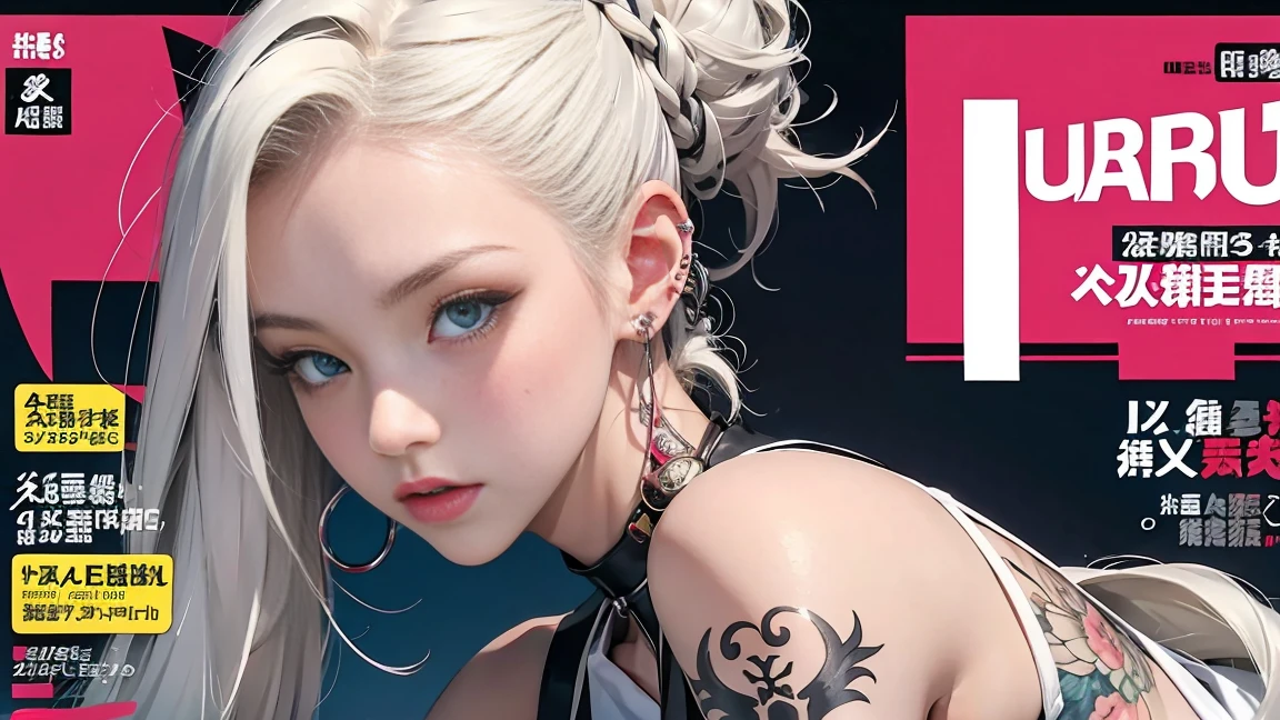 Best quality, Works of masters, A high resolution, 1girl, Super beautiful face, super beautiful eye, Super beautiful platinum white mohawk hair，(MagazineCover:1.2)，Trendy Harajuku-inspired rock outfits，Expose shoulders, tons of tattoos and piercings, accentuated super huge enormously gigantic nude  and nipples exposed 