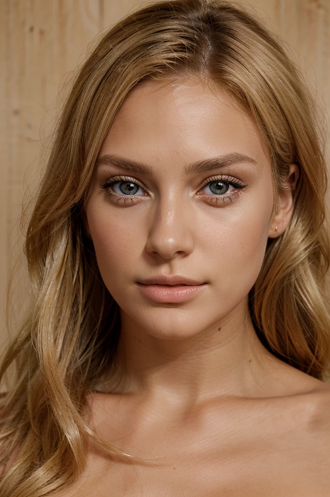 femme de 23 ans blonde mannequin, made up, visage de face, beau regard et beau bronzage, Beautiful lip, realistic