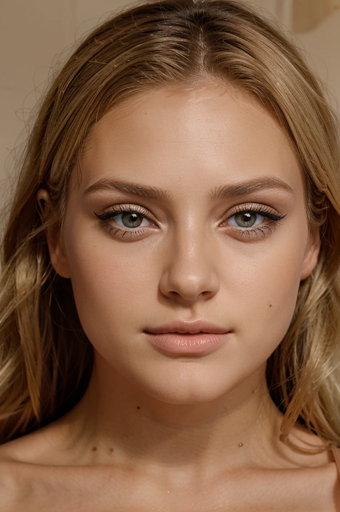 femme de 23 ans blonde mannequin, made up, visage de face, beau regard et beau bronzage, Beautiful lip, realistic