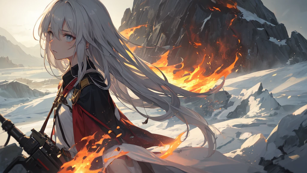 masterpiece:1.2), best quality , 独奏 ,pixiv, anime girl ，long straight white hair , black eyes ,Wearing off-white camouflage uniform ,ten years old，modern battlefield，(Eyes looking into the distance:1.3)，(look away:1.5)，snowy weather，dirty face，The background is a sea of fire with blood on the forehead，dirty face，Backlight，Bare rocky peaks ,Fierce flames are burning，The expression is sad，bullets flying，leave tears，When the war situation seems to be developing for the better,，A girl wakes up from her deep sleep，She doesn&#39;t understand her own life、Not sure about the power in the body，As pure as white paper。At the same time, another soul is sleeping inside the girl&#39;s body.，it was an accident，It is also one of the waves that changes the world。