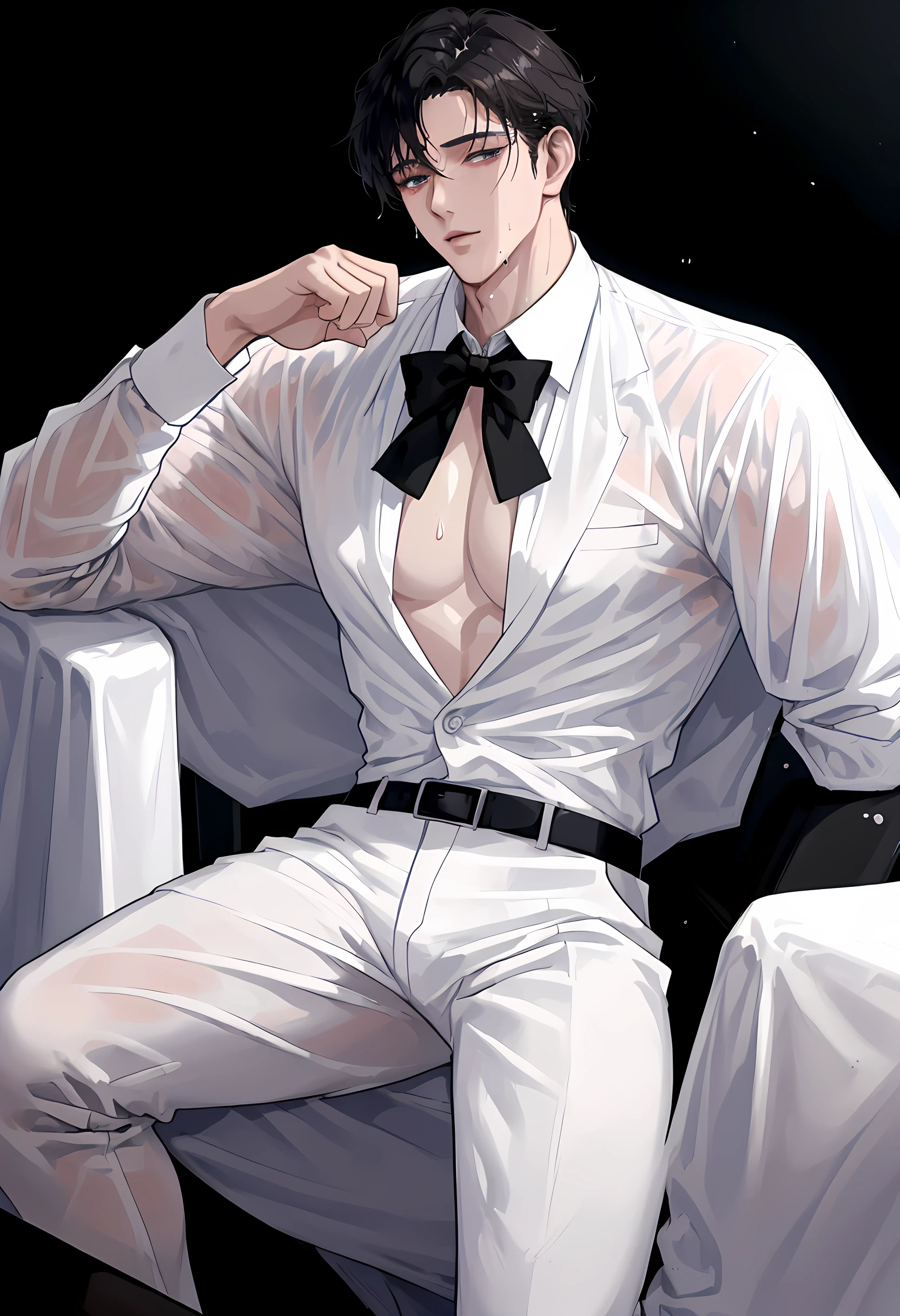 A wet man in wet white shirt and black tie sitting on a chair, big chest, anime handsome man, handsome anime pose, in wet white clothes, clothed in wet white shirt, open v chest clothes, wet white suit and black tie, highly detailed exquisite fanart