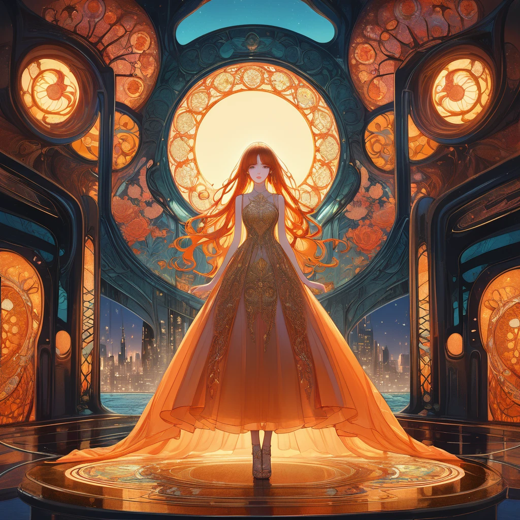 Super detailed, nice, long orange-colored hair, orange-reddish sunset eyes and long, straight hair with a sunset reddish-orange fringe , Dress in fantasy style black with gold color, Blushing, Confident look and pose, Urban Background, Highly stylized, Depth of written boundary, Bokeh effect, Backlight, stylish, elegant, Breathtaking visual richness, Full Body Shot, masterpiece, Art Nouveau influence, Fantastic beauty inspired by Makima, Intricate floral pattern in the style of Alphonse Mucha, Cyberpunk Neon Cityscape, Delicate lace and silk texture, Whimsical yet dark atmosphere, Surreal Tim Burton-esque architecture, Shining Accents, Otherworldly aura, Provocative yet mysterious attitude