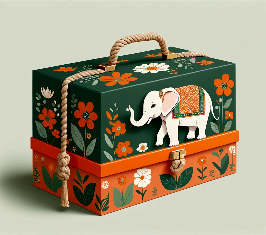 Beautifully designed flat rectangular box with handles, with rope carrying handle, English squares, flourishing flowers, printing a cute little elephant, geometric lines, minimalist, modern, high end, cute, color blocking, floral motifs, orange and green, illustration, cartoon, geometric style, beautifully detailed, flat color vector design style