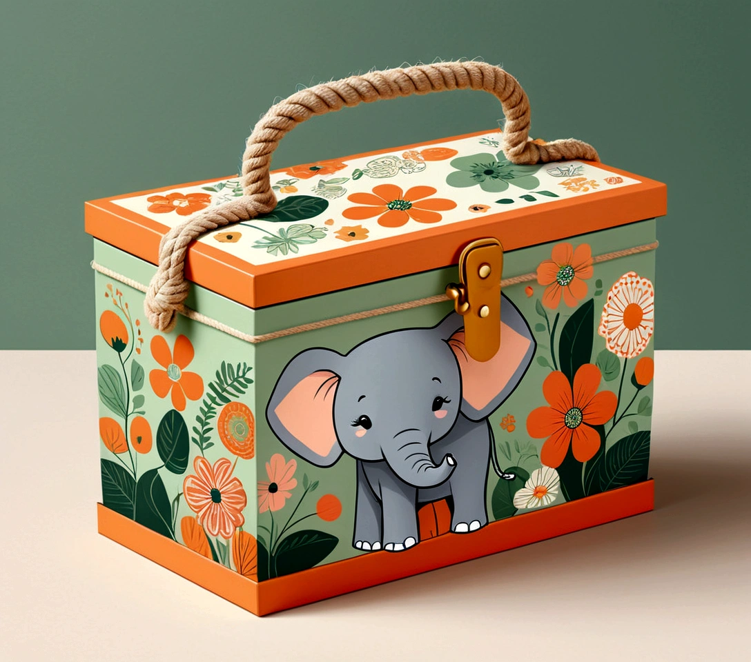 Beautifully designed flat rectangular box with handles, with rope carrying handle, English squares, flourishing flowers, printing a cute little elephant, geometric lines, minimalist, modern, high end, cute, color blocking, floral motifs, orange and green, illustration, cartoon, geometric style, beautifully detailed, flat color vector design style