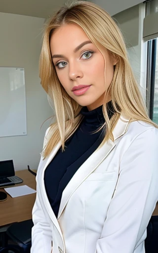 beautiful blonde dressed in professional dress on her desk and black blue eyes gorgeous woman small breasts sexy fashion