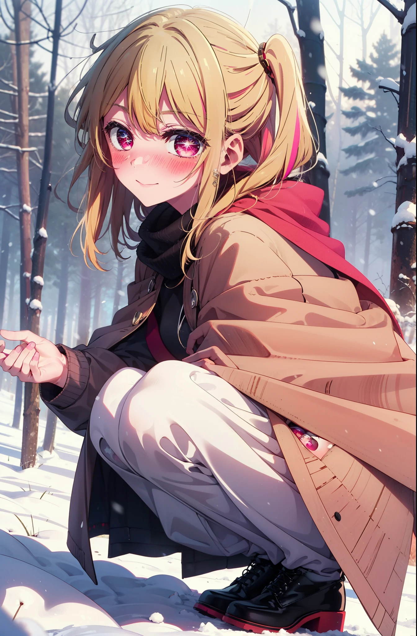 rubyhoshino, Hoshino Ruby, Long Hair, bangs, blonde, (Pink Eyes:1.3), Side Lock, (Symbol-shaped pupil:1.5), Multicolored Hair, Two-tone hair, smile,,smile,blush,White Breath,
Open your mouth,snow,Ground bonfire, Outdoor, boots, snowing, From the side, wood, suitcase, Cape, Blurred, , forest, White handbag, nature,  Squat, Mouth closed, Cape, winter, Written boundary depth, Black shoes, red Cape break looking at viewer, Upper Body, whole body, break Outdoor, forest, nature, break (masterpiece:1.2), Highest quality, High resolution, unity 8k wallpaper, (shape:0.8), (Beautiful and beautiful eyes:1.6), Highly detailed face, Perfect lighting, Extremely detailed CG, (Perfect hands, Perfect Anatomy),