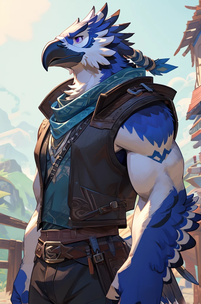 A Male Muscular Anthropomorphic Rito From Legend of Zelda Breath of The Wild Has A Calm, But Serious Face Expression And Has Black Feathers, Purple Eyes While He Was Wearing A Jacket Vest With A White Tank-Top Underneath, Blue Champion Scarf, A Pair of Black Jeans