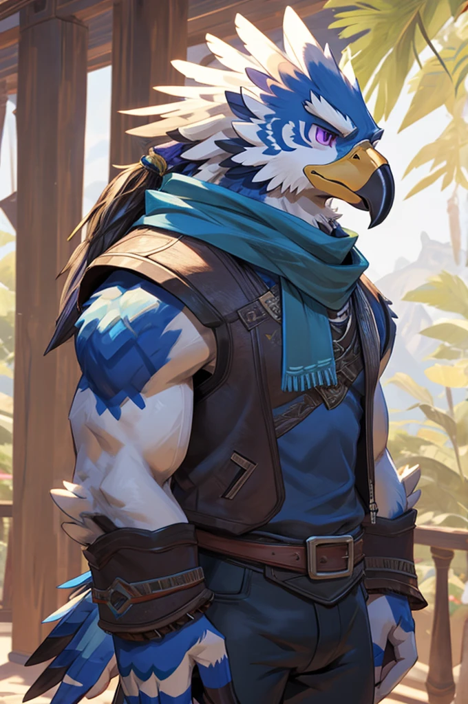 A Male Muscular Anthropomorphic Rito From Legend of Zelda Breath of The Wild Has A Calm, But Serious Face Expression And Has Black Feathers, Purple Eyes While He Was Wearing A Jacket Vest With A White Tank-Top Underneath, Blue Champion Scarf, A Pair of Black Jeans