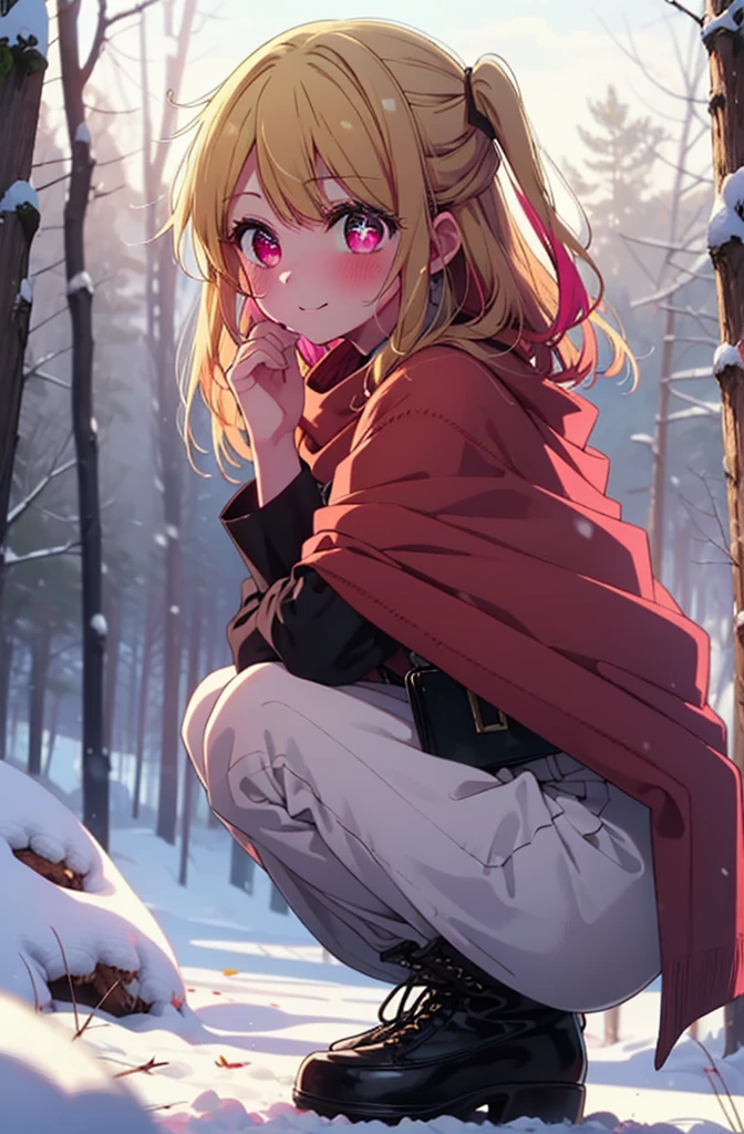 rubyhoshino, Hoshino Ruby, Long Hair, bangs, blonde, (Pink Eyes:1.3), Side Lock, (Symbol-shaped pupil:1.5), Multicolored Hair, Two-tone hair, smile,,smile,blush,White Breath,
Open your mouth,snow,Ground bonfire, Outdoor, boots, snowing, From the side, wood, suitcase, Cape, Blurred, , forest, White handbag, nature, Squat, Mouth closed, Cape, winter, Written boundary depth, Black shoes, red Cape break looking at viewer, Upper Body, whole body, break Outdoor, forest, nature, break (masterpiece:1.2), Highest quality, High resolution, unity 8k wallpaper, (shape:0.8), (Beautiful and beautiful eyes:1.6), Highly detailed face, Perfect lighting, Extremely detailed CG, (Perfect hands, Perfect Anatomy),