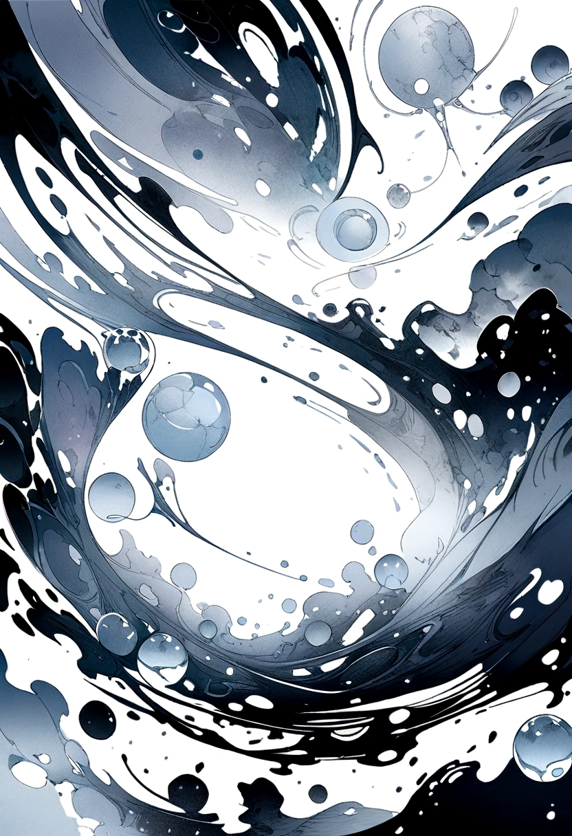 a close up of a bunch of boundary on a white surface, black and white watercolor, Digital Art - w 0, Floating spheres and shapes, Black and white ink style, [ bubble, ink point, 黑色和白色的斑point, boundary, Draw with photoshop, sparse floating particles, ( ( Generative ) ), Photoshop brushes, point, Generative art