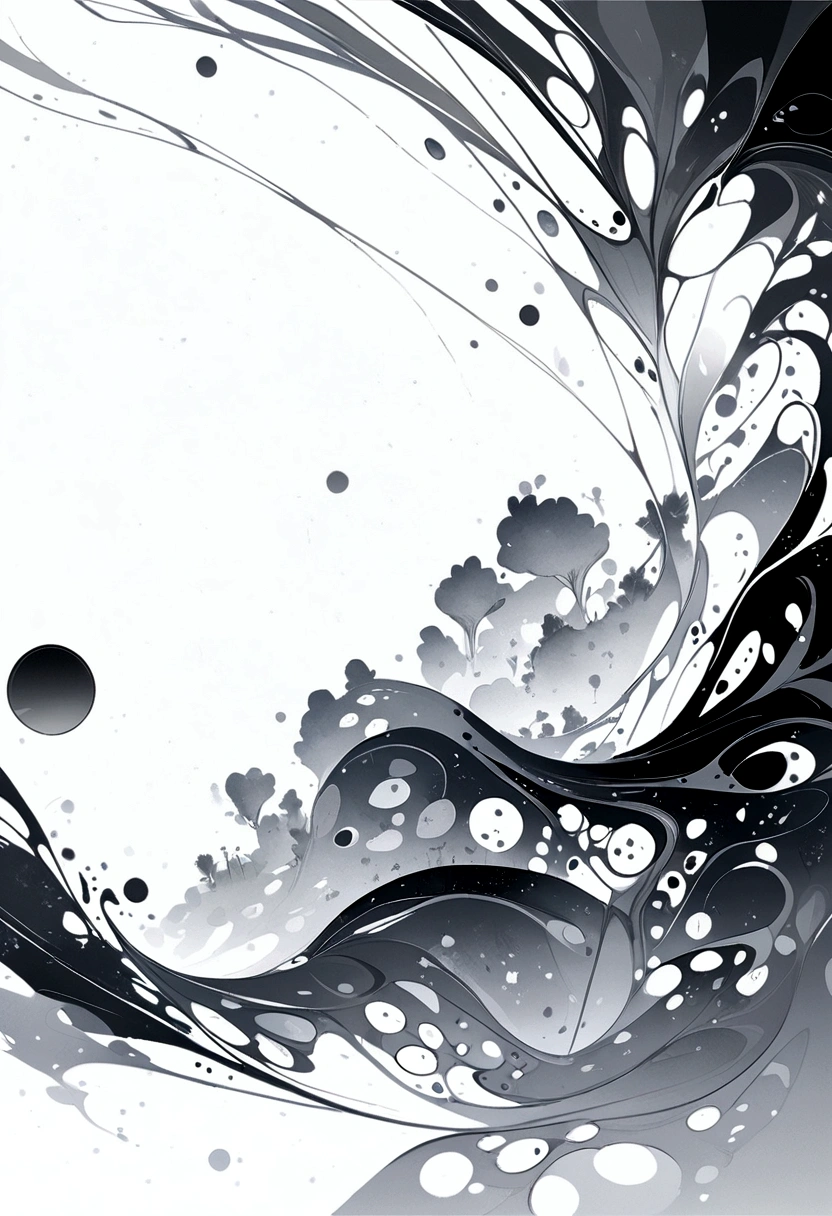 a close up of a bunch of boundary on a white surface, black and white watercolor, Digital Art - w 0, Floating spheres and shapes, Black and white ink style, [ bubble, ink point, 黑色和白色的斑point, boundary, Draw with photoshop, sparse floating particles, ( ( Generative ) ), Photoshop brushes, point, Generative art