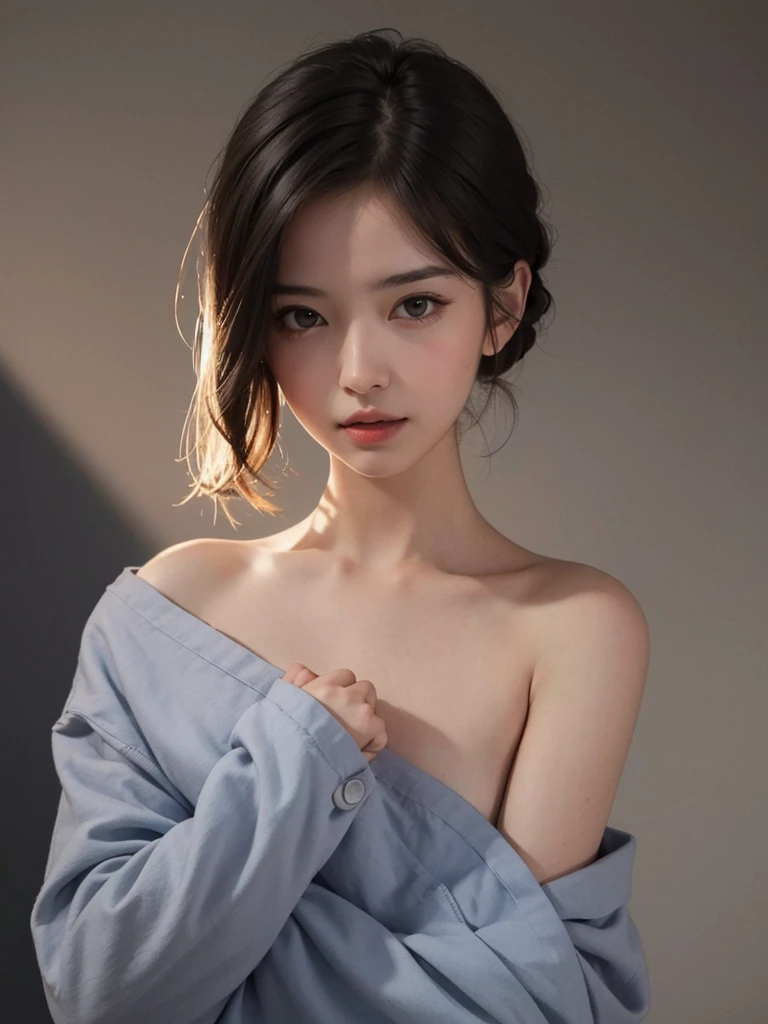 Highest quality, masterpiece, Ultra-high resolution, (Realistic:1.5), RAW Photos, One girl, Off the shoulder, In the Dark, Deep Shadow, Modest, Cold Light, Sexy Looks, short hair,