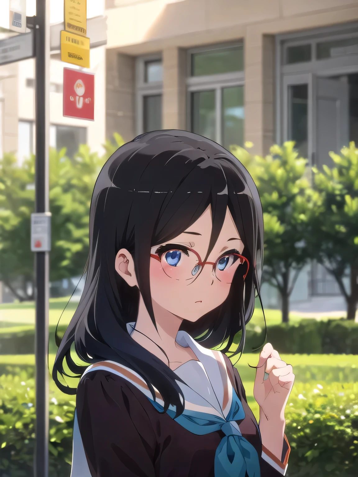 คุณภาพดีatสุด, Masterpiece, high res, alone, {Thanaka_Asuka_euphonium sound:1.15} (park:1.13), , black_hair, long_hair, glasses, light blue_eyes, Blush, red frame_glasses, Seraph, beyond the edge_glasses, semi borderless_glasses, hair_between_eyes, 1 girl, (School uniform_brown:1.2), look_at_viewer, เดินไปในpark, 