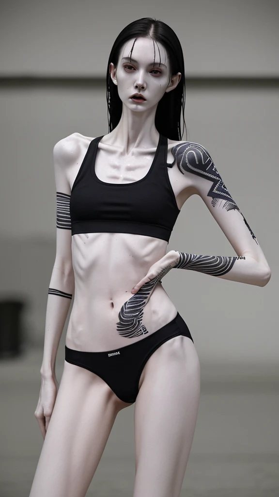 a woman, very thin body, body visible bones, very slender, pale white skin, sweaty wet body, sport bra , sport panties, tatto, full body, has a mental breakdown in an underground prison