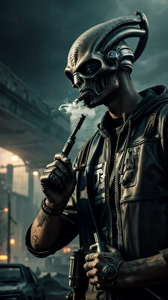 alien smoking pipe of weed, a lot of smoke, monochromatic, postapocalyptic cyberpunk style, photorealistic with doze of surrealism