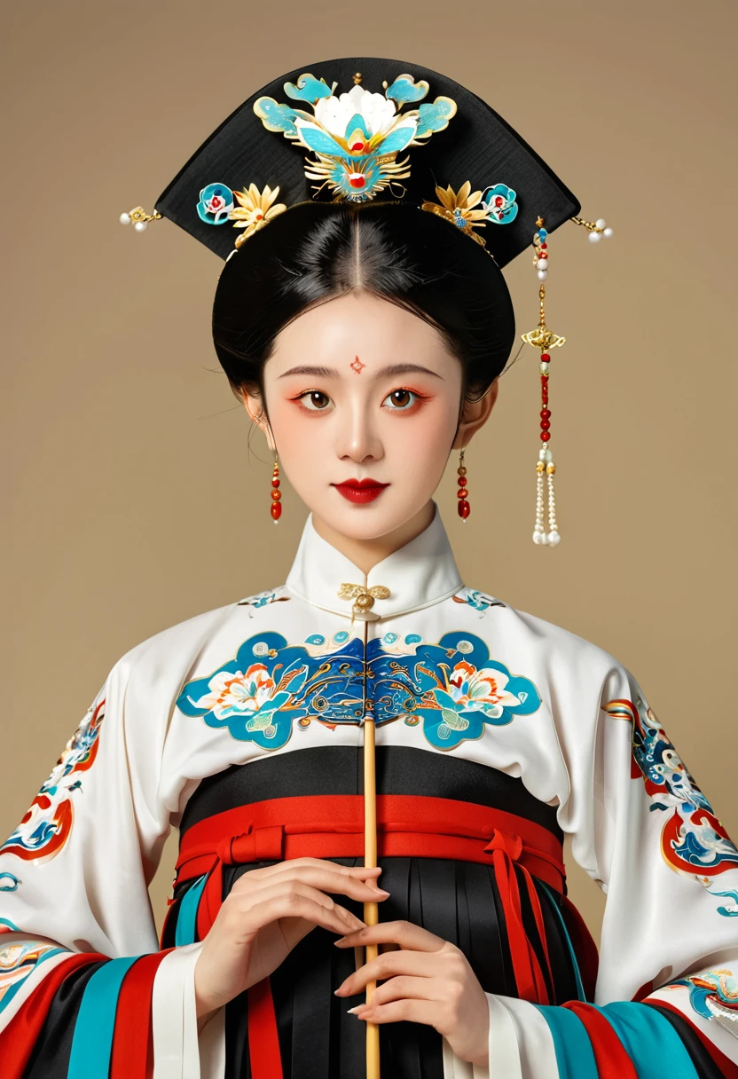 Chinese classical girl portrait,symmetry,Round Face,Bright Eyes,Smooth skin,Chinese Song Dynasty official uniform,egotistical,Official hat,Holding a Chinese fan,Clean background