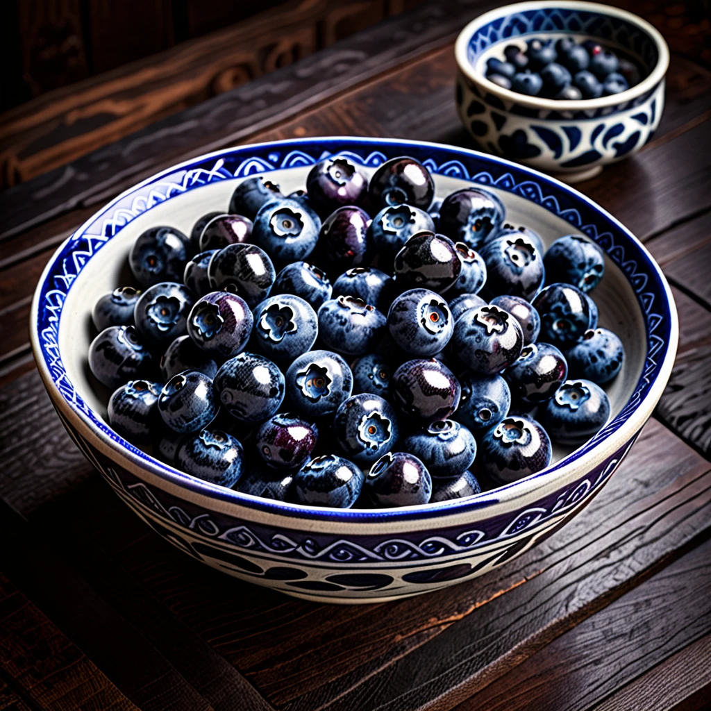 closeup photograph blueberries in a ceramic indonesian bowl on a beautiful wood table, intricate details, hyperdetailed photograph, dark contrast, award winning composition, dark shadows, 8k resolution, food photography