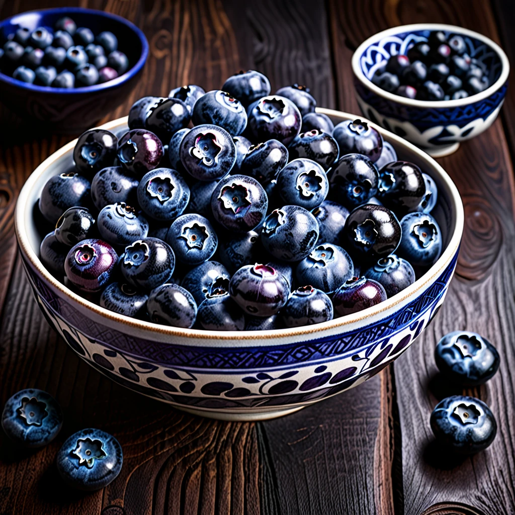 closeup photograph blueberries in a ceramic indonesian bowl on a beautiful wood table, intricate details, hyperdetailed photograph, dark contrast, award winning composition, dark shadows, 8k resolution, food photography